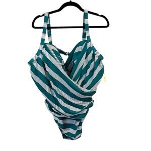 New One Piece Bathing Suit Size 3X Terra & Sky Teal Green Stripe Tummy Control